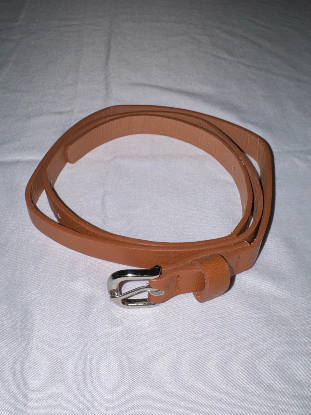 Women's Slim Tan Leather Belt with Silver Buckle